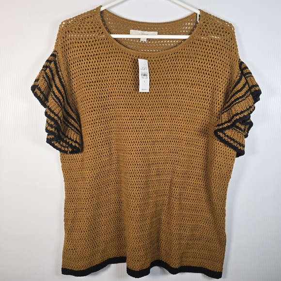 LOFT Sweaters - NWT Loft Women's Mustard Crochet Top with Black Trim Size L Ruffled Sleeve